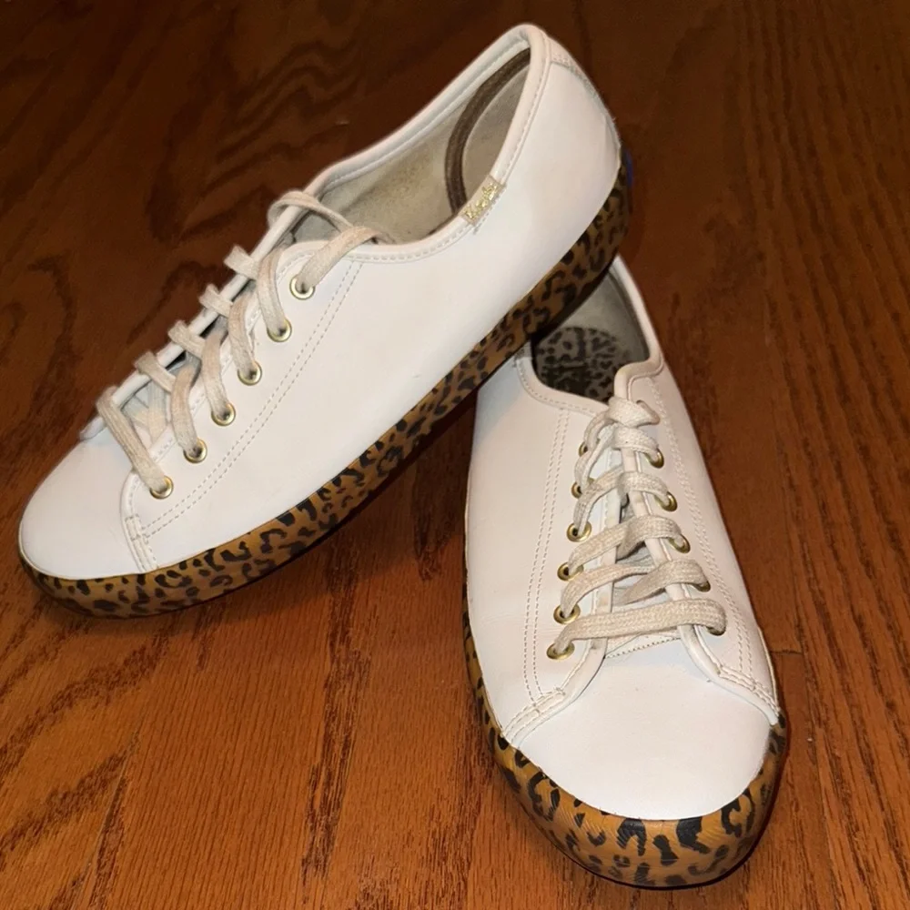 Women's Keds White Leather Sneakers with Leopard Trim - Picture 4 of 4
